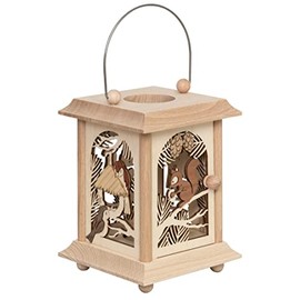 Drechslerei Kuhnert Table Lantern / Tea Light Holder – Squirrel with Birds Design Made of Fine Wood – Dimensions: 11.5 x 11.5 x 17 cm – Made in Germany