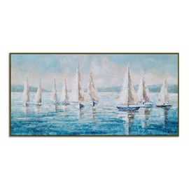 Yihui Arts Sailing Ship Canvas Wall Art - Coastal Painting Boat Pictures Abstract Beach Ocean Artwork with Floating Framed Hand Painted Textured for Living Room Bedroom Bathroom Decor