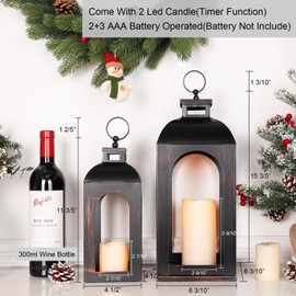 DECORKEY LED Lantern Decorative Outdoor&Indoor, Set of 2 (17’’&13’’) Black Metal Lanterns Decor, Vintage Hanging Candle Holder for Home Porch Wedding Halloween Christmas Decorations Battery Powered