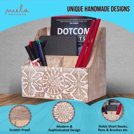 Mela Artisans Natural Wood Letter Holder for Desk w/Rustic Touch - Hand-Craved Wooden Desk Organizer - Multi-Purpose Wood Desk Organizer - Portable Shelf for Desk - 7.2” x 5.1” x 7.3”