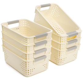 Frcctre 8 Pack Plastic Storage Baskets, Small Pantry Organizer Basket Bins Household Organizers with Handle for Kitchen Cabinet Countertop Bedroom Bathroom, 9.75"L x 6.5"W x 4"H, Off-white