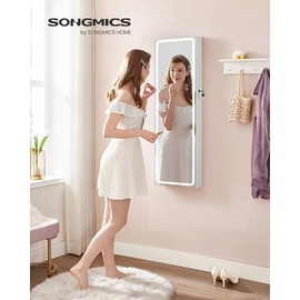 SONGMICS SONGMICS LED Mirror Jewelry Cabinet Armoire, Wall or Door Mounted Jewelry Storage Organizer, Hanging Lockable Frameless Mirror Cabinet with 2 Plastic Cosmetic Organizers, Gift Idea, White UJJC011W01