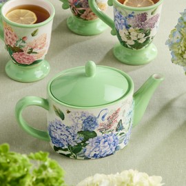 Garden Path 40 oz. Ceramic Teapot with Pink, Purple, and White Hydrangea Design, Butterfly Accents ideal for gatherings, family breakfasts, or quiet moments of self-care.