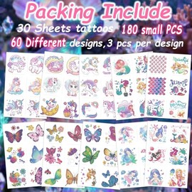 Tatuajes temporales con purpurina para niñas, 180 hojas individuales de sirena, mariposa, unicornio, calcomanías de tatuaje para niños, tatuajes falso