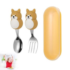 2 PCS Toddler Cutlery Set Cute Kids Metal Spoons Fork with Storage Box Baby Cutlery Self Feeding Portable Utensils Cutlery Set for Children Over 12 Months Flatware Weaning and Learning to Use (Dog)