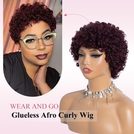 Style Icon Short Afro Curly Hair Wig for Black Women Human Hair Pixie Cut Afro Curl Wig Full and Fluffy Natural Looking Glueless Wear to Go Red Color (Color:99J)