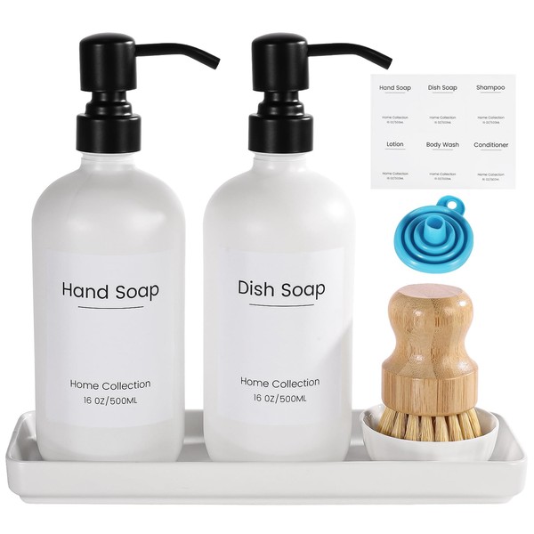 Kitchen Soap Dispenser Set with Ceramic Tray and Stainless Steel