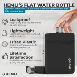 Hemli Flat Water Bottle with Carrying Case – Thin Square Travel Water Bottle Fits in Purses & Bags – Shatterproof BPA-Free Tritan Plastic – Leakproof Silicone Seal (Black)