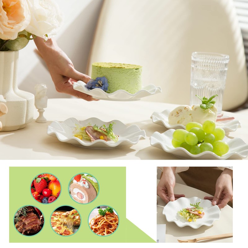 TAMAYKIM 12 Pieces 7 Inch Porcelain Dessert Plates, Wavy Rim