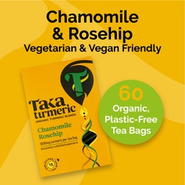 Taka Turmeric, 4 pack (60 Teabags) Organic Chamomile & Rosehip Tea Bags with Turmeric & Black Peppercorns, Turmeric Tea, Caffeine Free Camomile Tea, No Added Flavourings, Recyclable Packaging