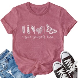 LBP Butterfly Inspirational Shirts Give Yourself Time Shirt for Women Butterfly Life Graphic Tees Motivational T-Shirt