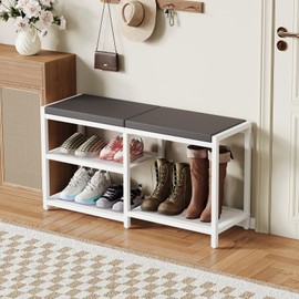 ZHOOGE Shoe Bench & Rack Storage Bench with Seat Cushion, Stable Entryway Bench Holds Up to 300 lb, (35" L x 12" W x 17" H, White)