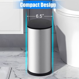 Anzoymx Stainless Steel Bathroom Trash Cans 1.8 Gallons Small Garbage Can with Pop up Lid, Dog Proof Narrow Wastebasket, Slim Waterproof Litter Trash Bins Set for Bedroom, Toilet, Office (Silver)