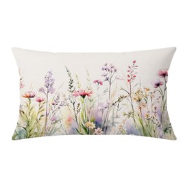 AOFANGGO Spring Pillow Cover 12X20 Inch Floral Decoration Watercolor Pink Purple Wildflowers Holiday Farmhouse Summer Outdoor Pillow Case Decor for Home Sofa Couch