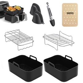 TuTuYa Air Fryer Accessories, Set of 8 for Ninja Dual DZ201/401 & Most 8Qt-10Qt, Include 2 Dual Air Fryer Racks &2 Silicone Air Fryer Liners & 2 Silicone Gloves & 1 Food Clip &100PCS Paper Lining