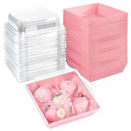 Ocmoiy 50 Pack Small Charcuterie Boxes with Clear Lids 4x4 Inch, To Go Disposable Paper Food Containers Bakery Treat Boxes for Desserts, Cake Slice, Cookies, Strawberries (Pink, 50)