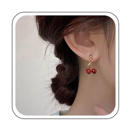 YienDoo 3D Lifelike Red Crystal Cherry Dangle Earrings Sweet Cute Fruit Earrings Charm Lightweight Cherry Drop Earrings Statement Stereo Fruit Earrings Jewelry for Women