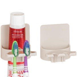 2 PCS Self-adhesive Toothbrush Holders Wall Mounted, Water Proof Toothbrush Hook, 3 in 1 with Toothbrush Hanger Toothpaste Holder and Gargle Cup Holder for Bathroom Shower (beige)