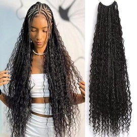 Goddess Boho Box Braids Hair with human hair Curly Ends Pre-looped Synthetic Crochet Braids for Black Women 24 inch 1pack/40strands