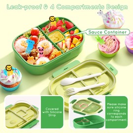 TIME4DEALS Bento Lunch Box Leakproof 44oz Kids Lunch Box Containers with 4 Compartment, Bento-Style Lunch Bento Box with Cutlery, Reusable Kid Back to School Meal/Snack Packing BPA Free (Green)
