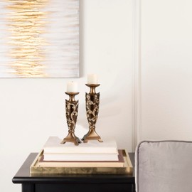 LOPOO Set of 2 Tall Polyresin Candleholders, Baroque Floral Filigree Design, 14" and 16" Height