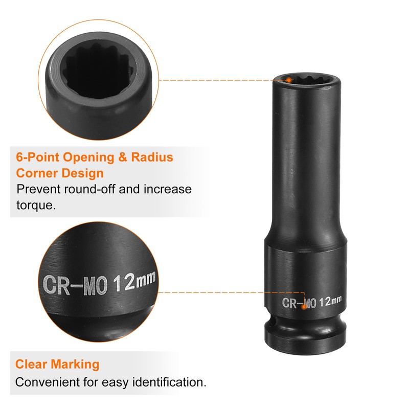 sourcing map 12-Point Deep Impact Socket 1/2 Inch Drive 12mm