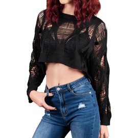 Vinsekep Womens Gothic Short Sweaters Casual Hallow Out Punk Goth Black Oversized Sweater Long Sleeve Ripped Crop Tops with Holes Blcak Medium