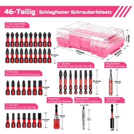 Geinxurn 46-Piece Screwdriver Bit Set Made of Impact-Resistant, S2 Steel, Magnetic Torx, Phillips, Pozidriv, Slotted, Hex Head Bit Set, 1/4 Inch Hex Shank, Includes Bit Holder with Pink Storage Box