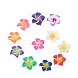 Healifty 50pcs Tropical Polymer Clay Flower Beads Summer Ocean Hawaii Plumeria Resin Cabochons Flatback Beads 5 Petal Floral Charm Beads with Hole for Jewellery Earring Making Home Decor