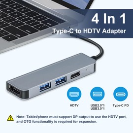 4-in-1 Type-C Hub Docking Station, Type C to HDTV Adapter, 4K HDTV, PD100W, USB 3.0, USB2.0 Compatible with Type C Devices with DP Alt Mode, Multi-Port Adapter