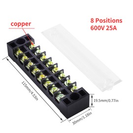 Skweawert 2 PCS 8 Positions Dual Rows 600V 25A Screw Terminal Junction Block, Cable Wire Barrier Block Terminal Strip with Cover Used for Electrical Project, TB-2508