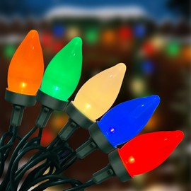 C7 LED Christmas Lights Outdoor, 26Ft Outdoor Christmas Decoratios String Lights Waterproof with 50 LED C7 Multicolor Bulbs, Vintage Christmas Lights for Indoor Roofline Backary Garden House Party