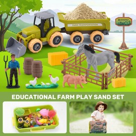 Play Sand Farm Toys, Farm Sensory Bins with 2.2lb Magic Sand, Animal, Take Apart Excavator Trailer Playset, Creativity Sandbox Toys with Lid for Kids 3 4 5 6 Years Old
