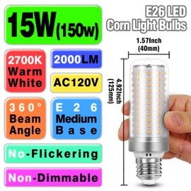 Big 1.57x 4.92 inch, E26 LED Corn Light Bulbs 150 Watt Equivalent 2000 lm,2700K Warm White,15W E27 Medium Base Non-dimmable Candelabra Ceiling Fan Corn Lighting for Home Garage Warehouse Indoor,5Pack