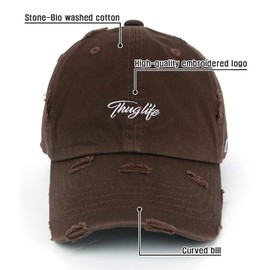Flipper Thuglife Logo Stone Washed Cotton Unstructured Ripped Bullet Holes Vintage Distressed Baseball Cap Dad Hat Ballcap (Medium ~ Large, Brown)