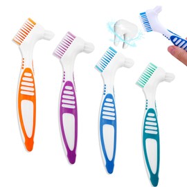 4-Piece Denture Brush Set - Portable Denture Brush with Moderate Multilayer Bristles, Double-Sided Brush for Effective Denture Care - 4 Colours