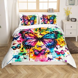 Watercolor Butterflies Duvet Cover Queen Size,Rainbow Color Tie Dye Graffiti Polyetser Reversible Bedding Set (Not Comforter),Butterfly Animal Ink Painting Comforter Cover for Bedroom, Zipper, Ties