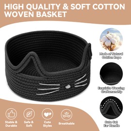 Abdtech Small Woven Baskets Set 3 Cat Decor Basket for Organizing with Handles, Cotton Rope Storage for Gifts Pet Toys Bin, Nursery Baby Toy Organizer Box, Blanket Basket Living Room, Bathroom -Black