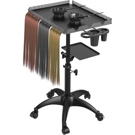 ZHOOGE Hairstylist Tray Rolling Cart, Salon Tray Cart Salon Hair Extension Trolley Cart with Storage Platform and Hair Separator Stand, Salon Coloring Tray Cart with Hair Dye Bowls and Tools, Black