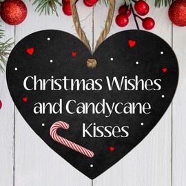 "Christmas Wishes and Candy Cane Kisses" MDF Hanging Heart Plaque - Black Festive Holiday Décor for Indoor Use - Cute Christmas Ornament Sign