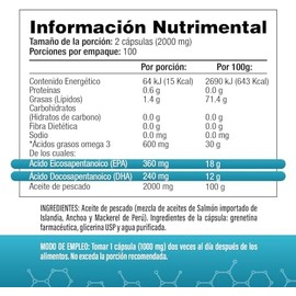 Omega-3 De Aceite De Salmón Islandés  2000mg Por Porción (2 Caps), 360mg EPA, 240mg DHA  100 Natural  200 Cápsulas blandas  SV - Sin Excipientes, Sin