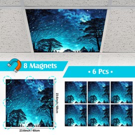 Kittmip 6 Pcs Fluorescent Light Covers, 2 x 2 ft Light Covers with 48 Magnets for Fluorescent Light Shade Drop Ceiling Light Filters for Ceiling Lights Classroom Office Kitchen Decor (Starry Night)