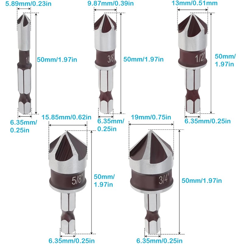 YUENTOEN 5 Pack Countersink Drill Bit Set for Metal, 1/4
