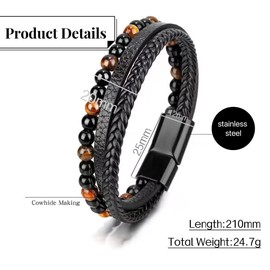 Mens Multilayer Natural Tiger Eye Stone Bead Braised Leather Bracelet Magnetic Stainless Steel Clasp in Black Gift Idea for Men & Boys Jewelry (19)