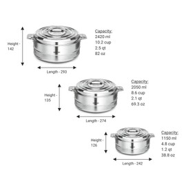 Milton Fortuner 3-Pc Set Insulated Keep Hot/Cold Thermo Stainless Steel Casseroles, 1.0L/1.5L/2.5L (Silver) (3-Pc Set) (Fortuner 3pc set)
