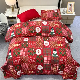 Christmas Quilt Set Queen Size Red Santa Claus Snowman Reindeer Plaid Patchwork Quilted Bedspread Coverlet Set 3 Piece Bedding Set Reversible Lightweight Comforter Bed Cover Blanket with 2 Pillowcases