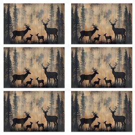 Rustic Deer Forest Table Placemats Set of 6, Linen Placemats 12x18 Inch, Washable Non Slip Heat Resistant Mats for Dining Table Kitchen Indoor Use