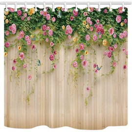KOTOM Floral Shower Curtains, 3D Rosemary with Butterfly on Rustic Wooden Background, Cute Pink Rose Fabric Garden Shower Curtains, 48X70