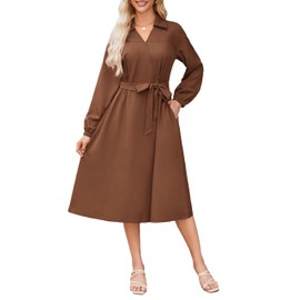 GRACE KARIN Women's Long Sleeve Blouse Dress, V-Neck Midi Dress, Casual Dress with Pockets, brown