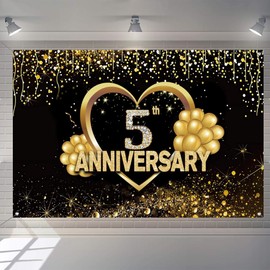 Happy 5th Anniversary Backdrop Decorations, Happy 5th Anniversary Banner, 5th Wedding Anniversary Party Poster Accessories Fabric Sign Poster, Black Gold Anniversary Keko Photo Background